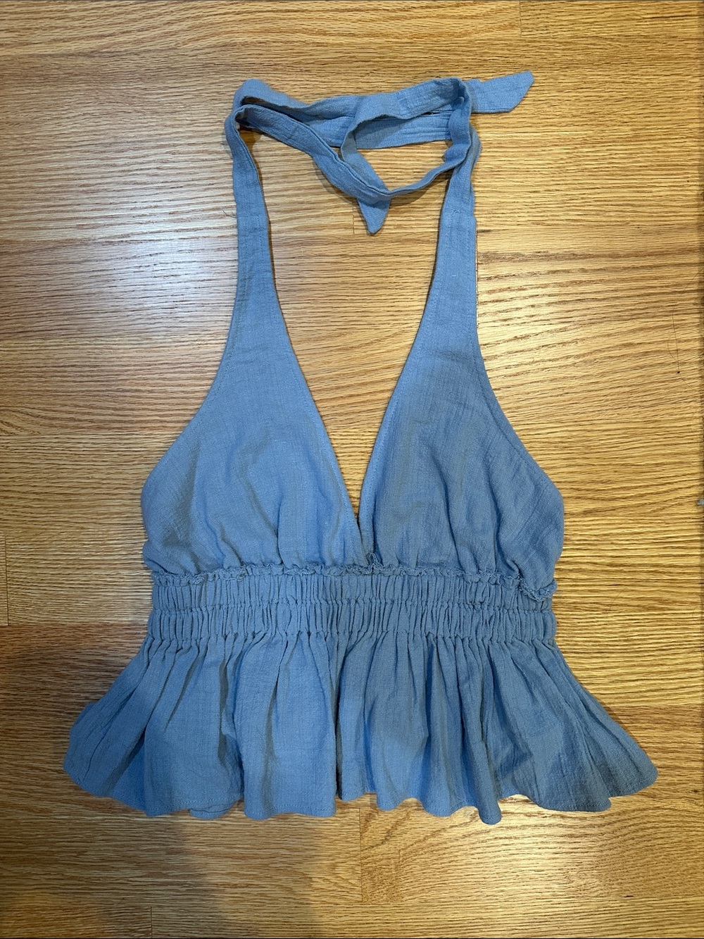 Blue Halter Tie Smocked Waist Peplum Top - Small